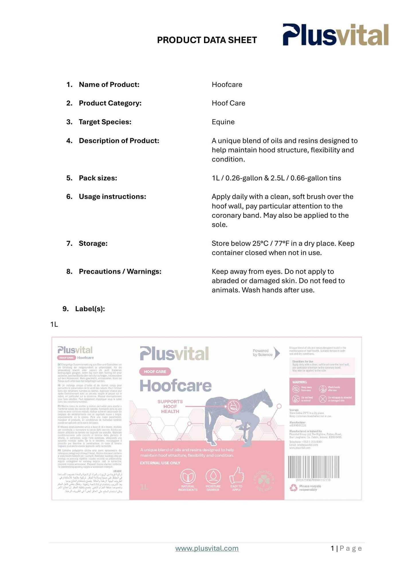 PLUS VITAL HoofCare 1l - Napredna nega za močna in zdrava kopita